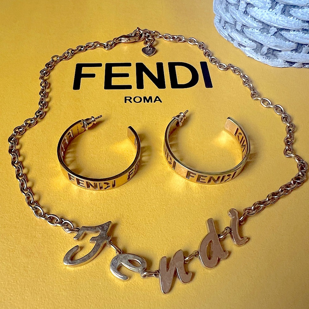 FENDI Script Necklace and Earrings Gold Tone